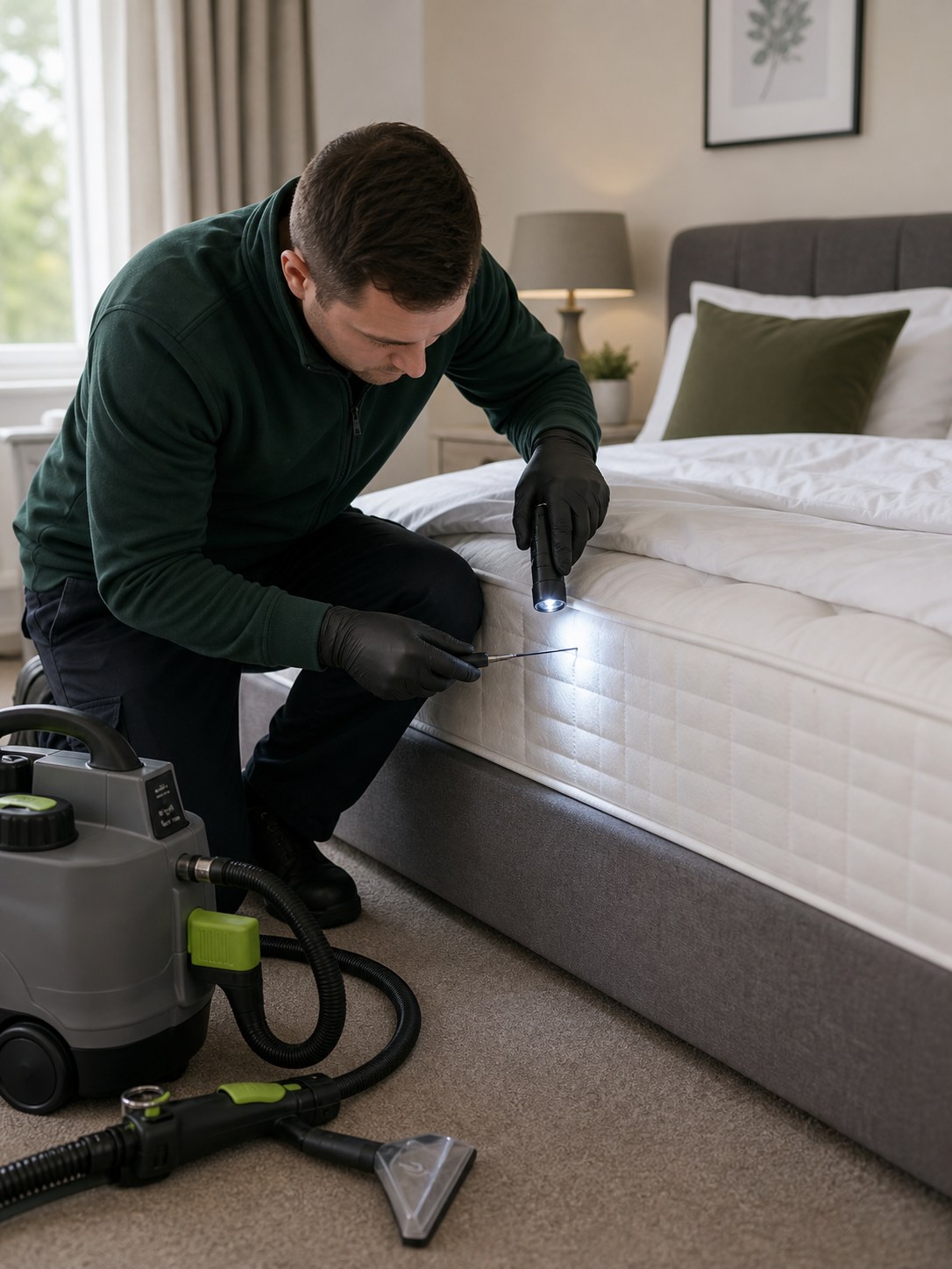 Technician inspecting a mattress seam during a bed bug treatment enquiry