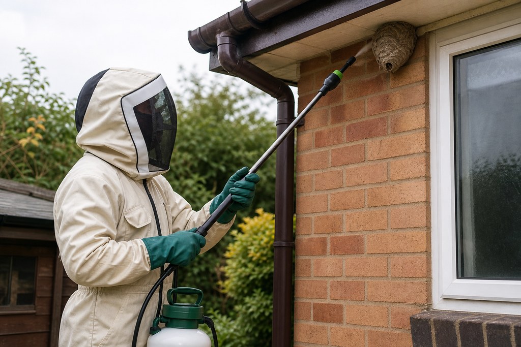 Pest control technician treating a wasp nest on a brick exterior