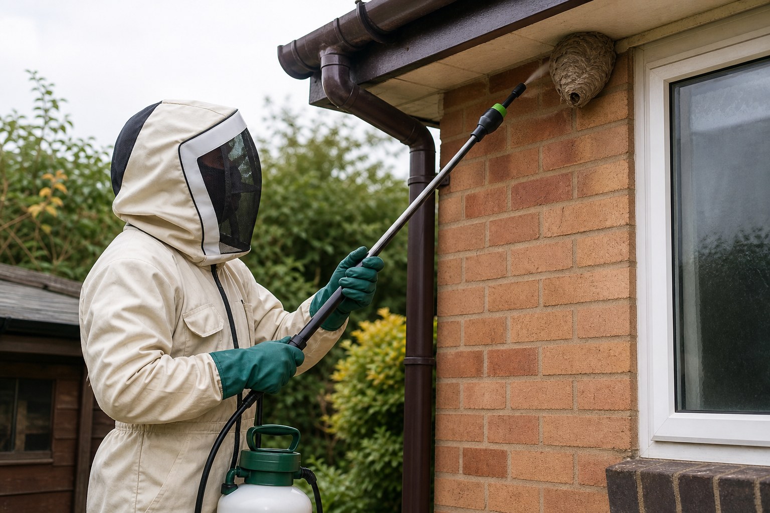 Pest control technician treating a wasp nest on a brick exterior