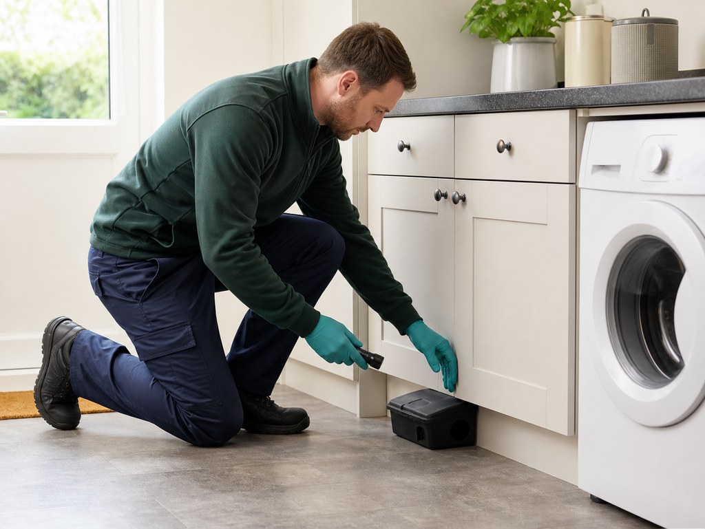 Pest control technician checking a discreet rodent bait station indoors
