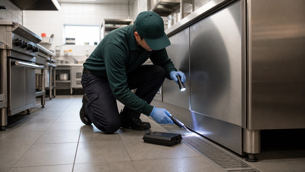Technician treating a commercial kitchen area for cockroach activity