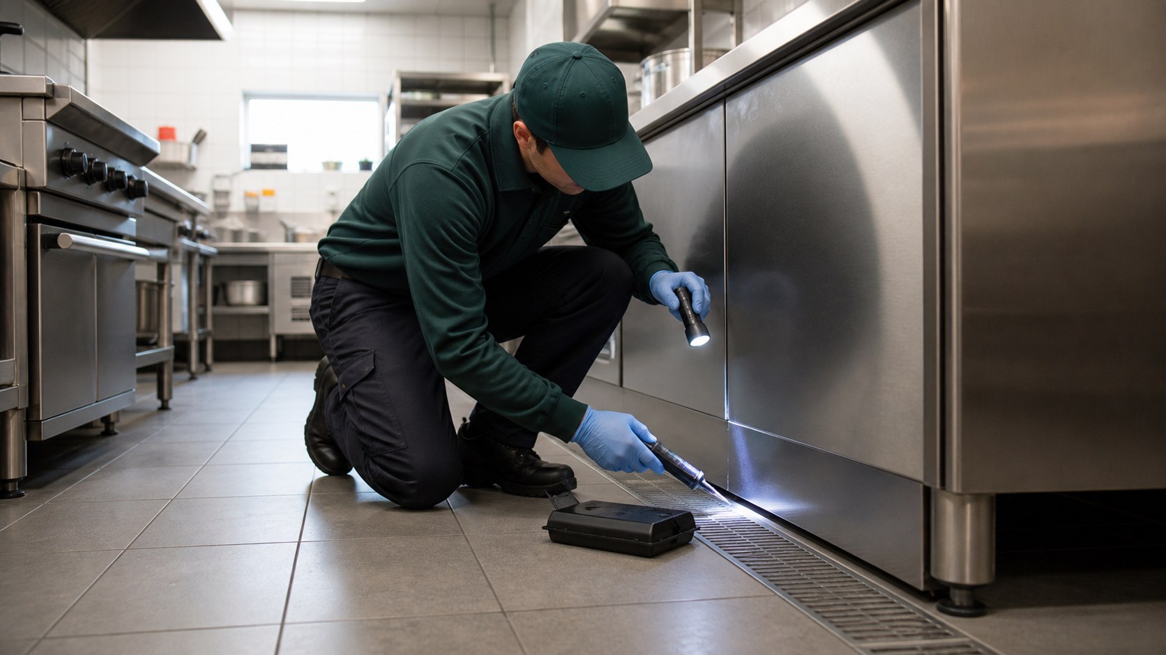 Technician treating a commercial kitchen area for cockroach activity