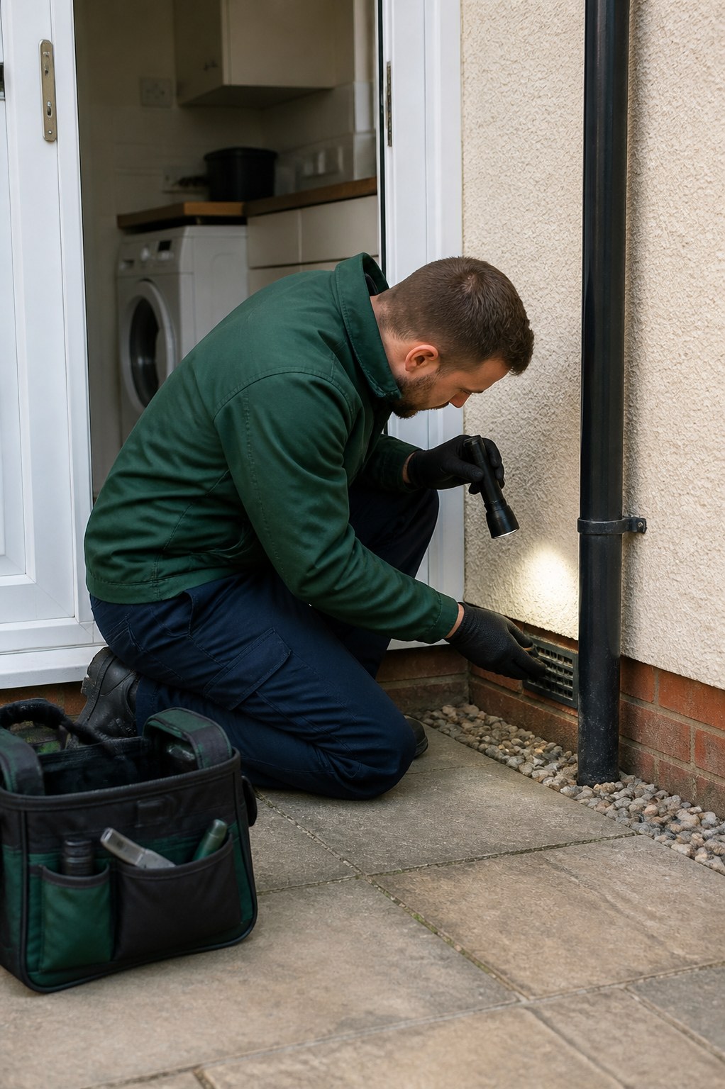 Pest control technician inspecting and proofing an exterior pipe entry point