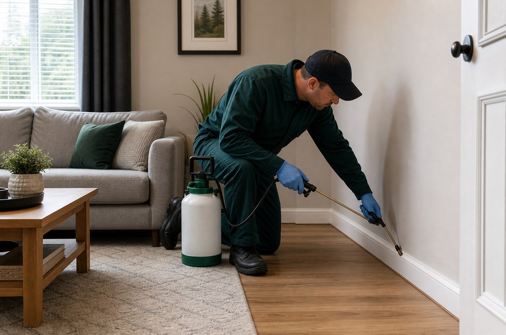 Technician carrying out a domestic flea treatment in a living room