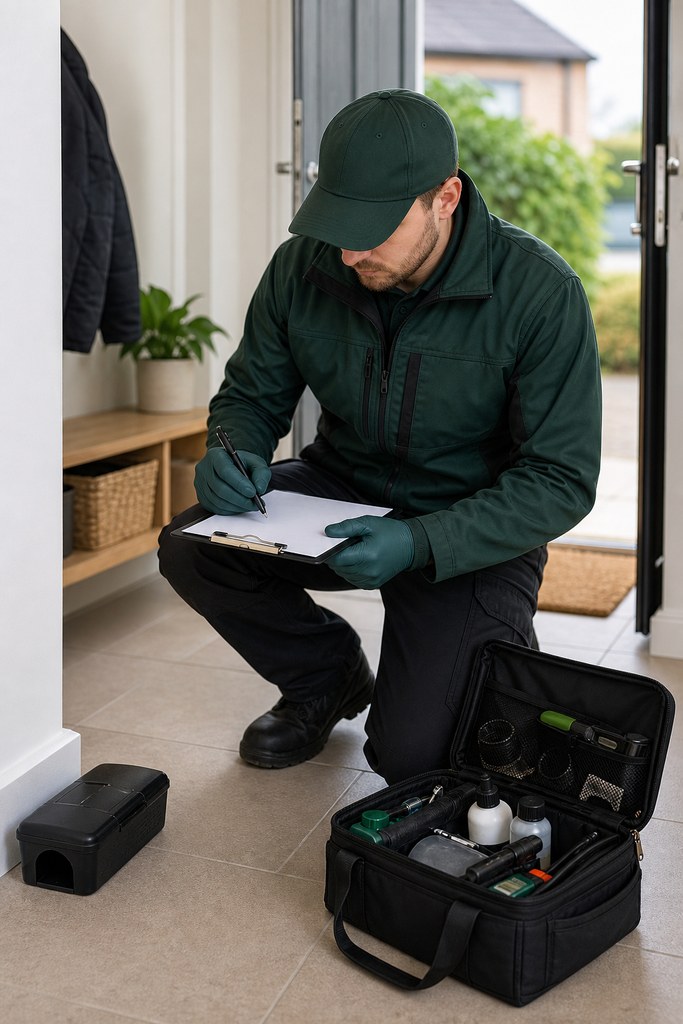 Technician preparing notes and equipment for a pest-control enquiry