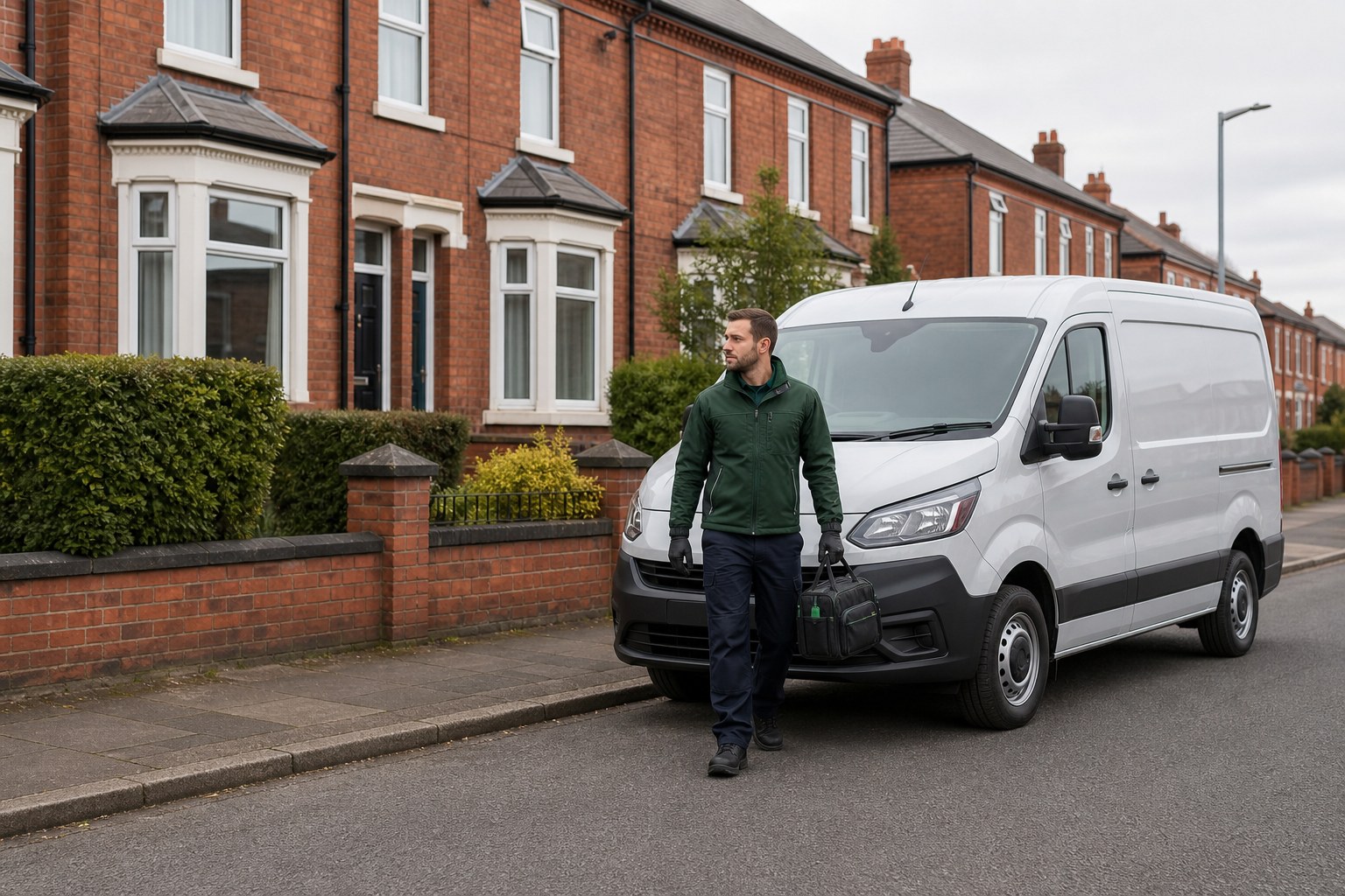 Pest control technician beside a service vehicle on a residential street.