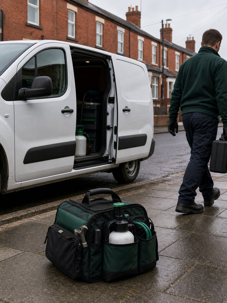 Pest-control equipment and vehicle ready for a local service visit